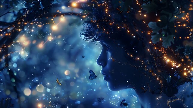 boy's profile merging with a magical forest, filled with glowing fairy lights and mythical creatures