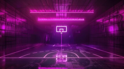 Poster - basketball court background with neon purple lights, basketball hoop in the center of picture, dark theme, high resolution, hyper realistic, detailed,