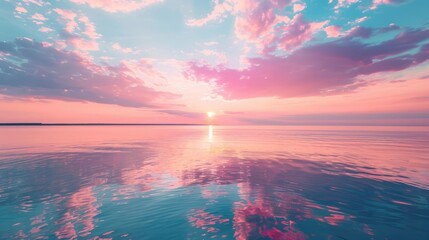 Wall Mural - Beautiful colorful sunset with clouds and water reflection on lake or sea surface. Vibrant nature landscape with pink, blue sky at summer evening