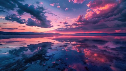 Wall Mural - Beautiful colorful sunset with dramatic clouds over the lake, sky reflection in water, pink and blue colors, summer landscape