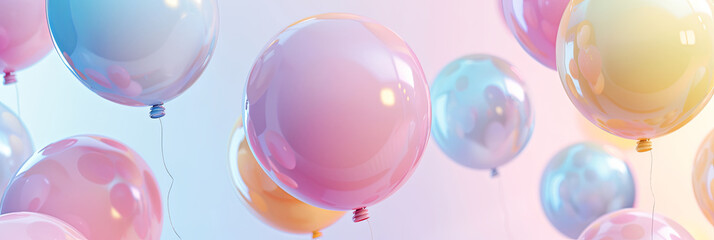 Wall Mural - a pastel colored background with soft pink, blue and yellow balloons floating gently in the air, generative AI