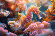 © PUTTER-ART - Orange Seahorse among Colorful Coral, Detailed underwater view with vibrant seahorse, Coral ecosystem, Marine biodiversity.