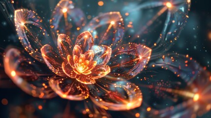 Sticker - A mesmerizing spectacle unfolds within the digital ether a luminous flower fractal blooms, scattering radiant particles in its wake.