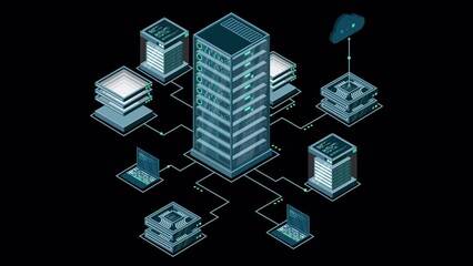 Wall Mural - Isometric computer technology animation. Computation of big data center. Cloud computing. Online devices upload and download information. Transparent background with alpha channel