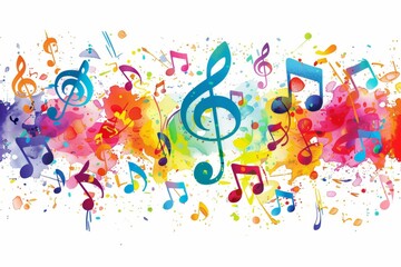Wall Mural - Colorful musical notes and treble clef on a white background vector illustration with space for text, a design element for a music festival poster, party decoration, or flyer template.