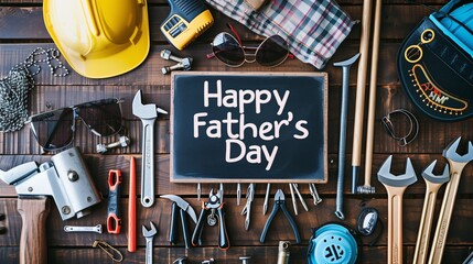 Happy Father's Day background concept with a flat lay of various construction tools and gentleman's accessories arranged neatly on a wooden background, 