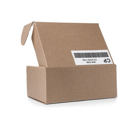 Sticker - Open cardboard package with shipping label and barcode on white background