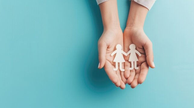 Photo of Hands holding paper cutout family on blue background, top view. Space for text