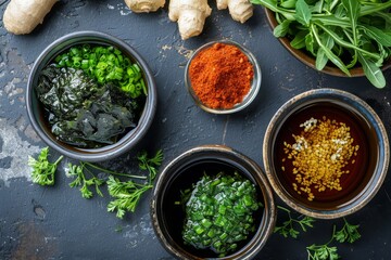 Wall Mural - Zen Garden Background with Soy Sauce, Wasabi, Ginger, and Seaweed

