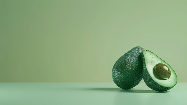 Avocados, a photorealistic illustration against pastel green background with copy space for text or logo, beautifully illuminated by studio lighting