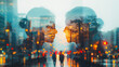 © CreativeIMGIdeas - in white background, the Double Exposure of people reflects a joyful expression. A livable world happy concept.