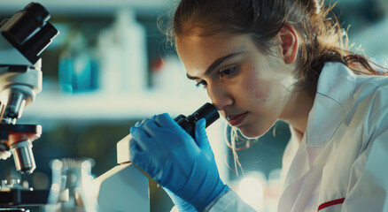 Sticker - A young female scientist is looking through her microscope in the laboratory, with an out of focus background