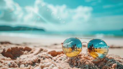 Sunglasses on sandy beach reflecting people relaxing under bright blue sky