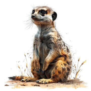 realistic meerkat sitting on ground, white background