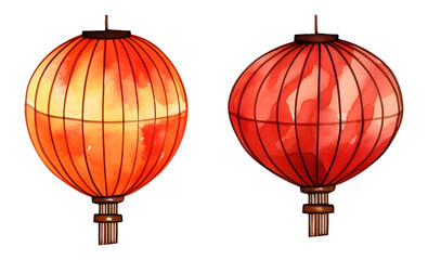 Watercolor red orange hanging traditional Chinese lantern clipart for full moon or new year festival