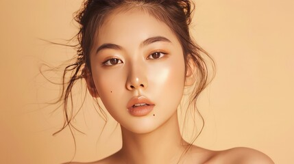 Wall Mural - With a beige background, this portrait of a young Asian woman with clear, fresh skin emphasizes the importance of face care, facial treatments, and cosmetology. Perfect for beauty 