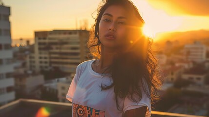 Wall Mural - urban sunset fashion young hispanic woman models graphic tee on rooftop lifestyle portrait