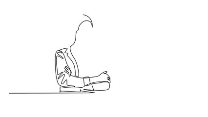 Wall Mural - Animated self drawing continuous line draw young female startup founder sitting in front of computer thinking of sales strategy company. Marketing strategy concept. Full length single line animation