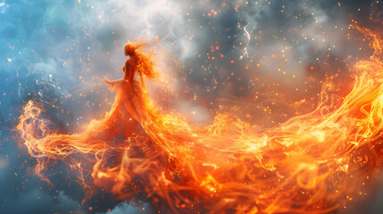 Wall Mural - Ethereal Goddess Engulfed in Spectral Flames Drifting Above Serene Water Surface in Ultra-High-Definition Digital