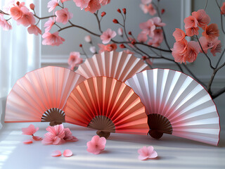 Asian paper fans. Traditional Japanese folding paper hand fan, oriental style paper fans background illustration. Folding hand fans wallpaper