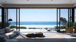 © horizon - A large, sliding glass door with black frames on the left side of an open living room leading to beach in front of ocean, with blue sky and sand.