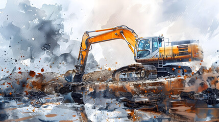 Wall Mural - Precision Excavation and Concrete Pouring for Solid Foundations in Watercolor Cinematic Rendering