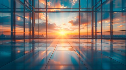 Abstract background with a modern glass building and sunset light. A modern architecture, corporate office interior.
