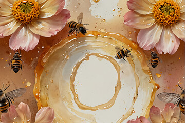 Wall Mural - Delicate Honey Beehive with Watercolor Flowers and Milk Drops