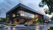 © horizon - Exterior architectural rendering of an industrial building with one side covered in black timber cladding, the other half is glass and metal.