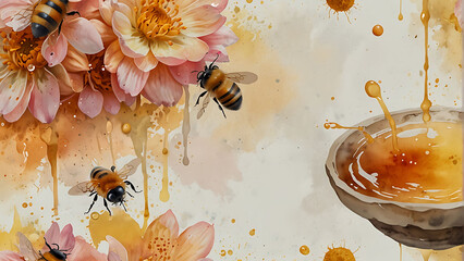 Wall Mural - Delicate Honey Beehive with Watercolor Flowers and Milk Drops