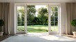 © horizon - Open the prestigous white patio doors, view of a large garden with a lawn and trees and hedges, bright daylight, interior design.
