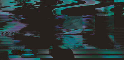 Poster - Dark screen with glitchy lines and pixels. Video distortion effect concept.