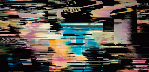 Poster - Dark screen with glitchy lines and pixels. Video distortion effect concept.