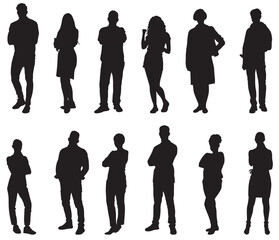 Wall Mural - Vector silhouettes of men and a women, a group of business people, black and white color isolated on white background