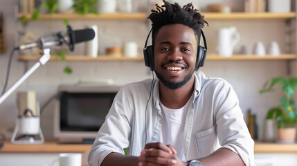 Young African American man with headphones, smiling as he records a podcast at a kitchen table, modern home background