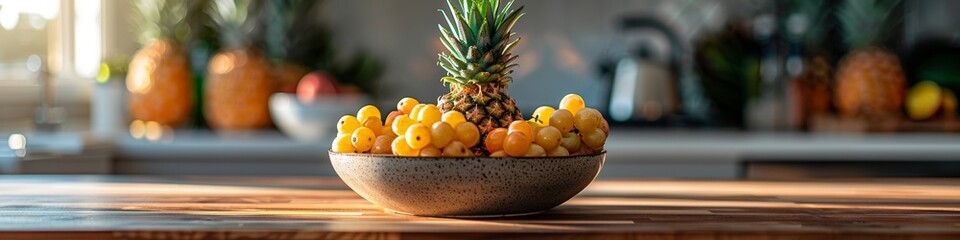 A bowl of fruit with pineapple on a kitchen counter in the morning sun. 