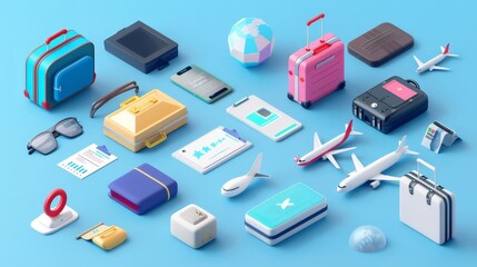 Our 3D icon collection for travel tourism includes all the essentials for planning a world tour. Ideal for holiday vacations, these icons feature everything from luggage to boarding passes