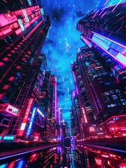 Wall Mural - Galaxies and skyline blend in neon hues, a stylized vision of milleniwave