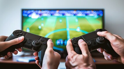 Hand holding game controller with digital screen showing gaming interface, blurred background of video games room, focus on hand and gamepad, high tech gaming environment, purple neon light effect. 