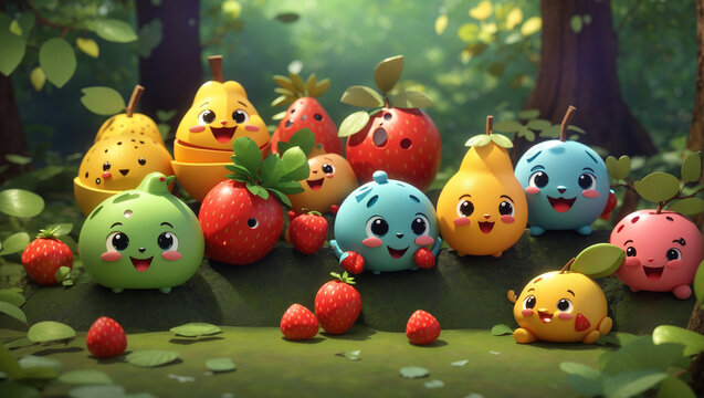 a group of cartoon fruits and vegetables with happy faces in a forest setting.