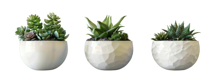 Set of three white ceramic pots with succulents and other plants isolated on a transparent background.