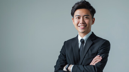 Wall Mural - A man in a suit, smiling and looking at the camera with arms crossed, against a white background.