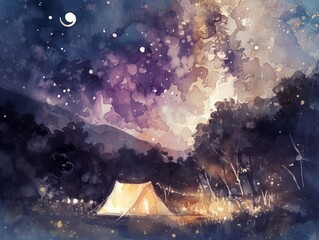 Wall Mural - A painting of a campsite with a tent and a campfire, watercolor illustrations , summer activitie, Camping in the woods.
