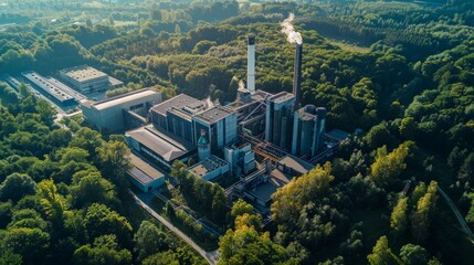 Canvas Print - A state-of-the-art power plant nestled among trees, showcasing a commitment to green industry and eco power. This sustainable energy model aims for environmental friendliness and 