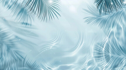 Wall Mural - Palm leaves and water ripples against a light blue background create an abstract summer atmosphere.