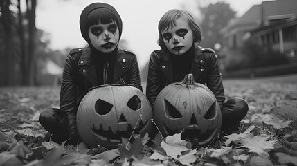 Wall Mural - Young boys poising near their carved pumpkins - jack-o-lanterns - face makeup - scary - spooky