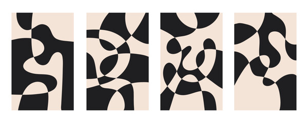 Fototapete - Set of abstract vertical backgrounds with colorful waves. Trendy vector illustration in style retro 60s, 70s.	Black and beige colors