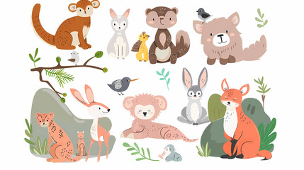  A set of cute cartoon animals. Vector flat images of animals for postcards, invitations, textiles, thermal printing