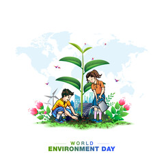 Wall Mural - World Environment Day celebration theme poster. Vector drawing illustration of Children Kids planting tree and world map background. 