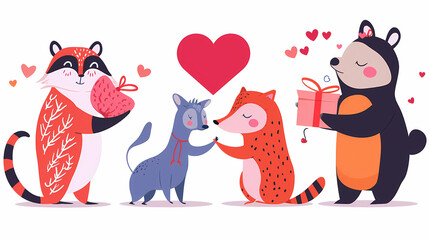 Wall Mural - Funny Animal in Love Feel Passion at Valentine Day ,A set of cute cartoon animals. Vector flat images of animals for postcards, invitations, textiles, thermal printing